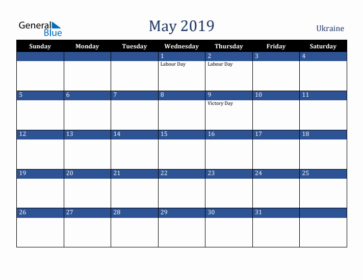 May 2019 Ukraine Calendar (Sunday Start)