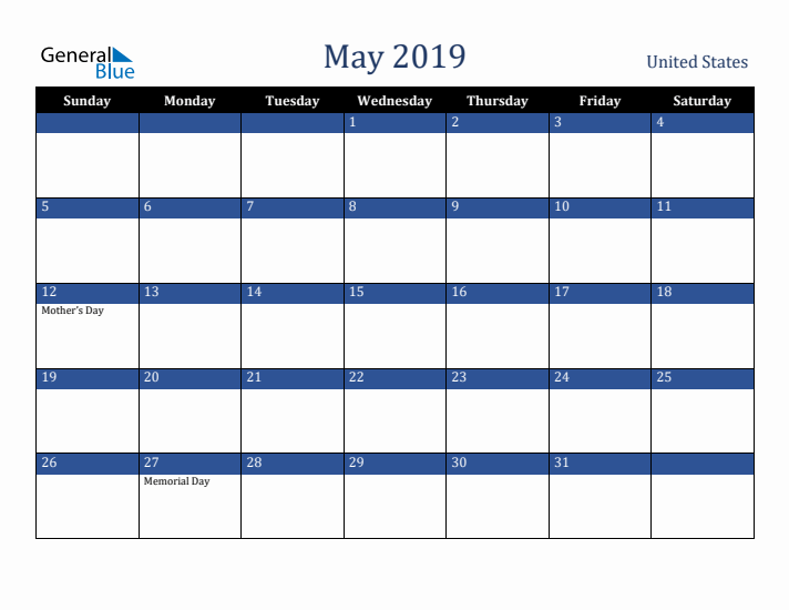 May 2019 United States Calendar (Sunday Start)