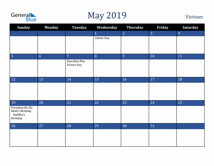 May 2019 Vietnam Calendar (Sunday Start)