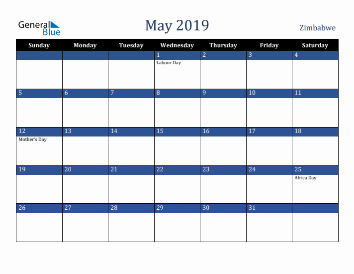 May 2019 Zimbabwe Calendar (Sunday Start)