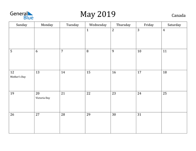 May 2019 Calendar Canada