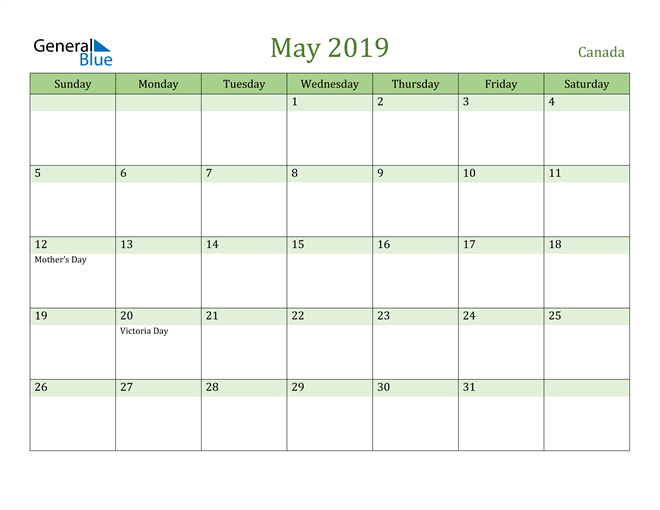 May 2019 Calendar with Canada Holidays