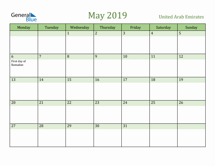 May 2019 Calendar with United Arab Emirates Holidays