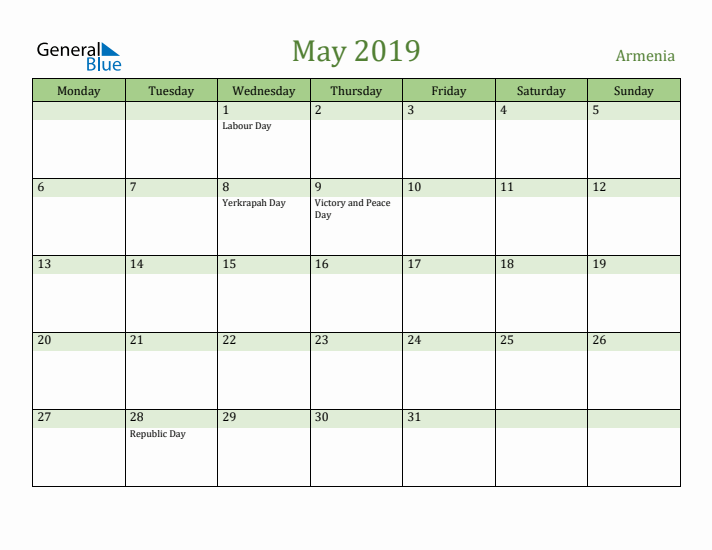 May 2019 Calendar with Armenia Holidays
