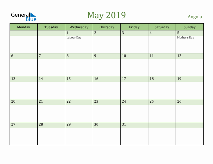 May 2019 Calendar with Angola Holidays