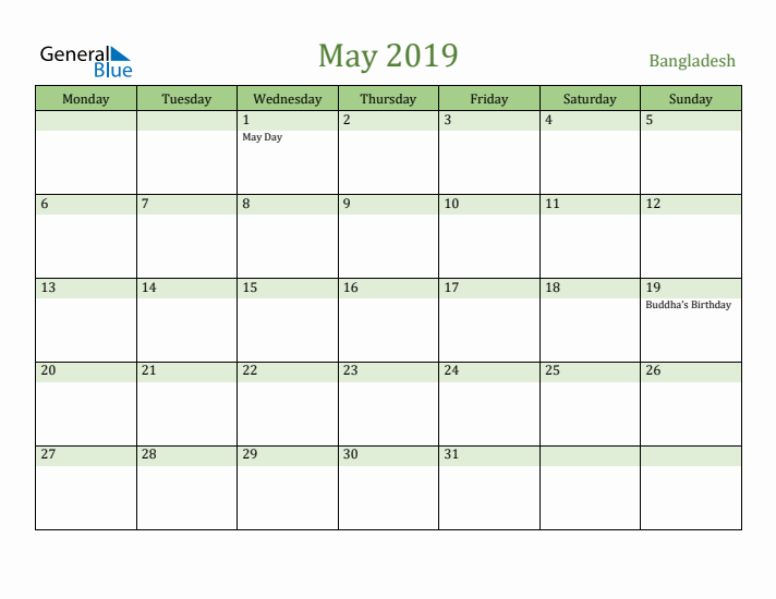 May 2019 Calendar with Bangladesh Holidays