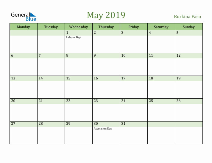 May 2019 Calendar with Burkina Faso Holidays