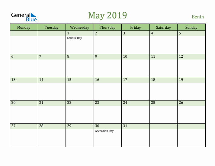 May 2019 Calendar with Benin Holidays