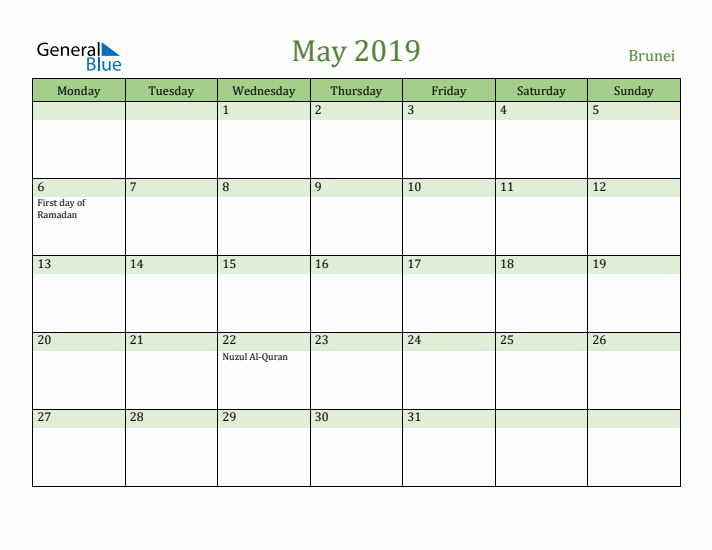 May 2019 Calendar with Brunei Holidays