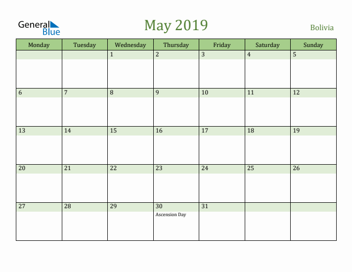 May 2019 Calendar with Bolivia Holidays