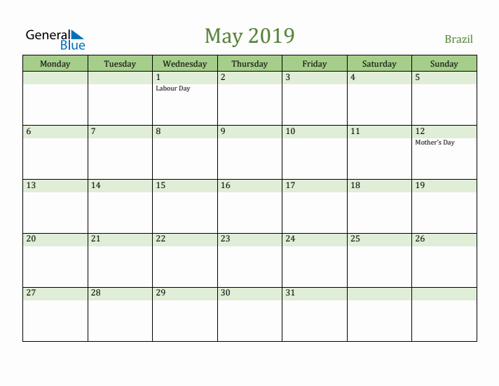 May 2019 Calendar with Brazil Holidays