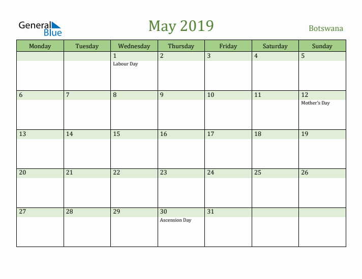 May 2019 Calendar with Botswana Holidays