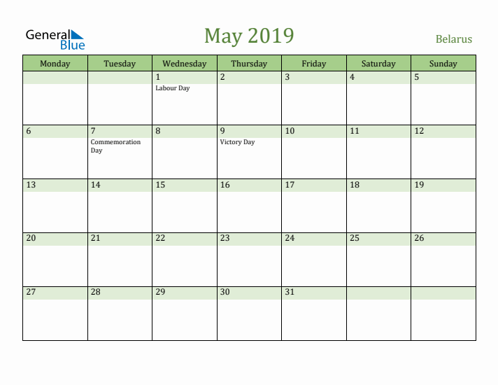 May 2019 Calendar with Belarus Holidays