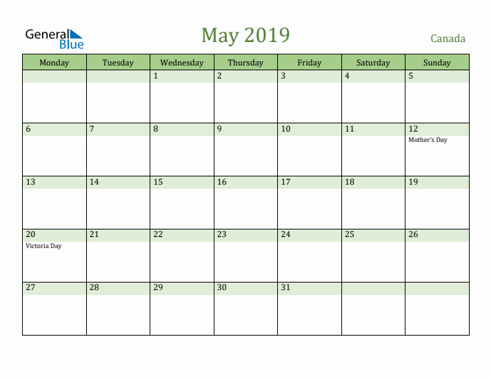 May 2019 Calendar with Canada Holidays