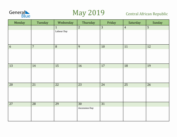 May 2019 Calendar with Central African Republic Holidays
