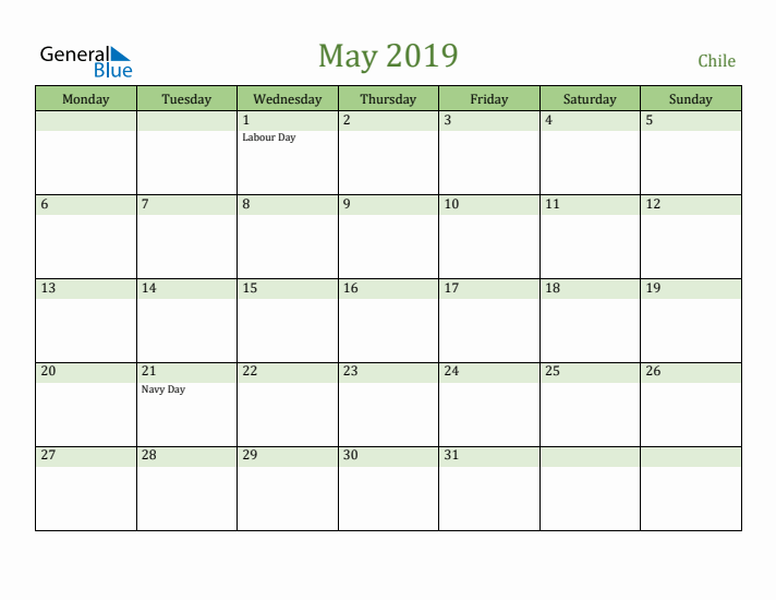 May 2019 Calendar with Chile Holidays