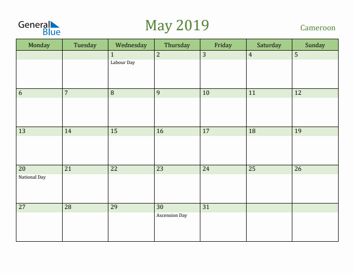 May 2019 Calendar with Cameroon Holidays