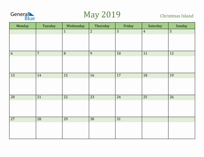 May 2019 Calendar with Christmas Island Holidays