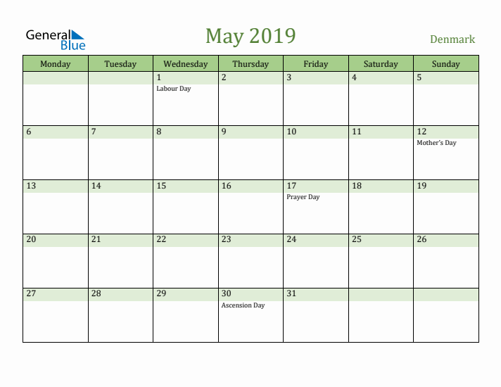 May 2019 Calendar with Denmark Holidays