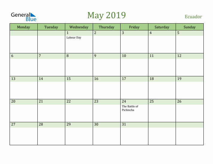May 2019 Calendar with Ecuador Holidays