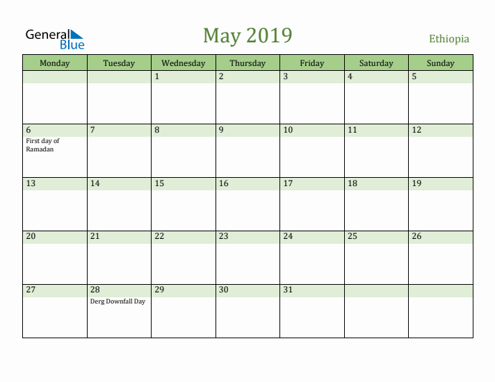 May 2019 Calendar with Ethiopia Holidays