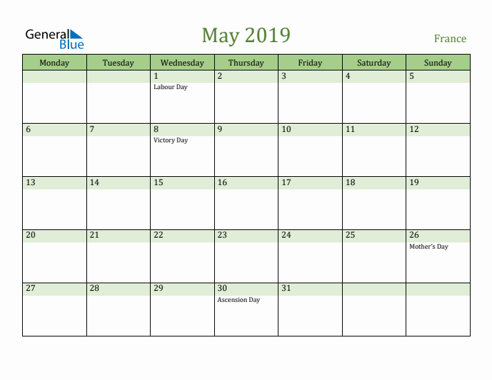 May 2019 Calendar with France Holidays