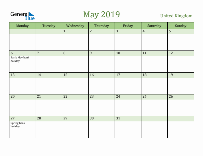 May 2019 Calendar with United Kingdom Holidays
