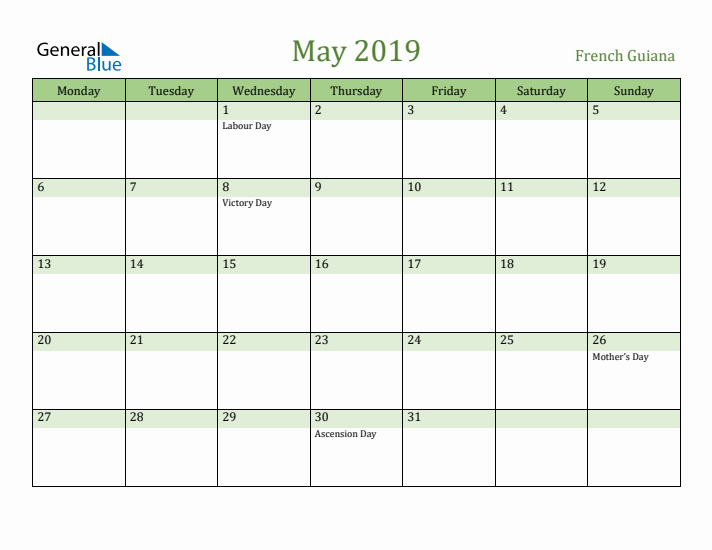 May 2019 Calendar with French Guiana Holidays