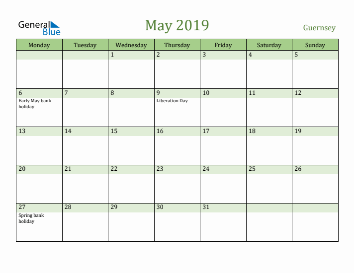May 2019 Calendar with Guernsey Holidays