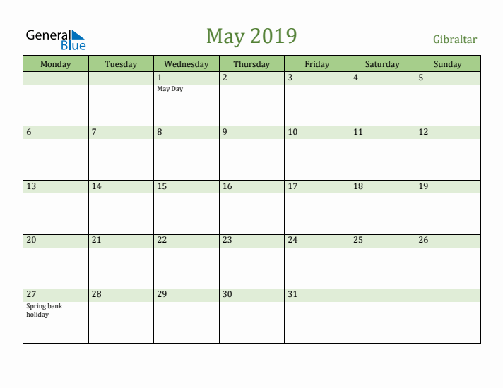 May 2019 Calendar with Gibraltar Holidays