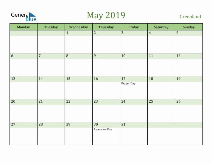 May 2019 Calendar with Greenland Holidays