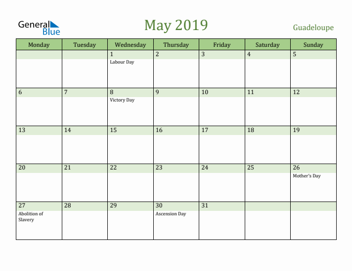 May 2019 Calendar with Guadeloupe Holidays