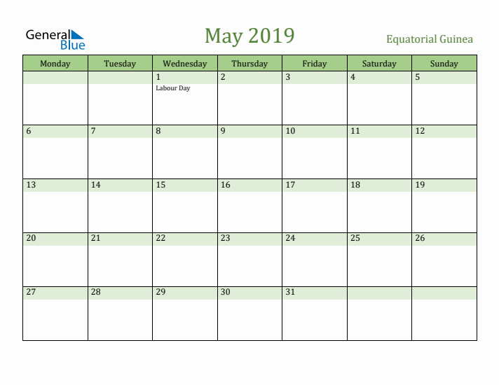 May 2019 Calendar with Equatorial Guinea Holidays