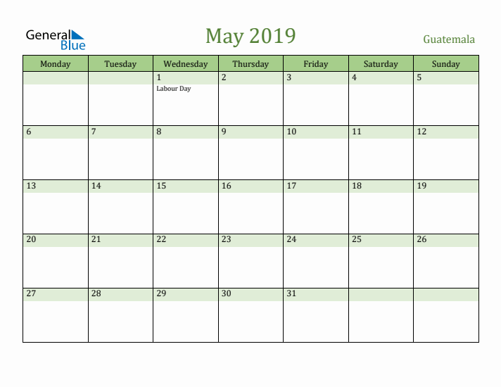 May 2019 Calendar with Guatemala Holidays