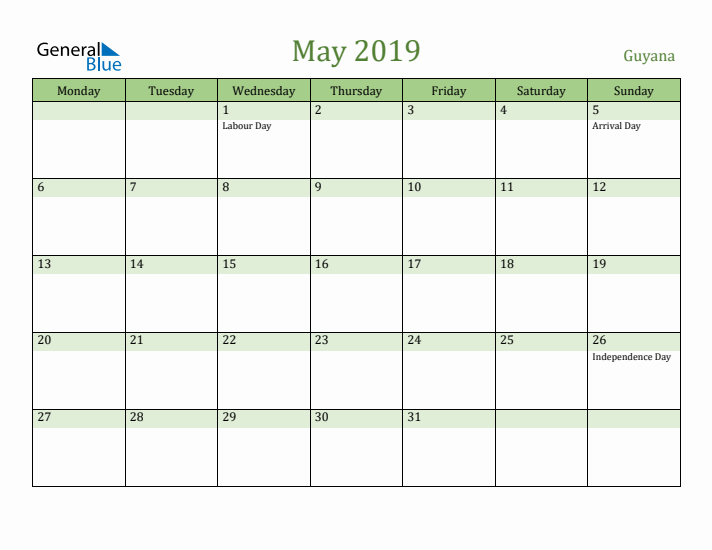 May 2019 Calendar with Guyana Holidays