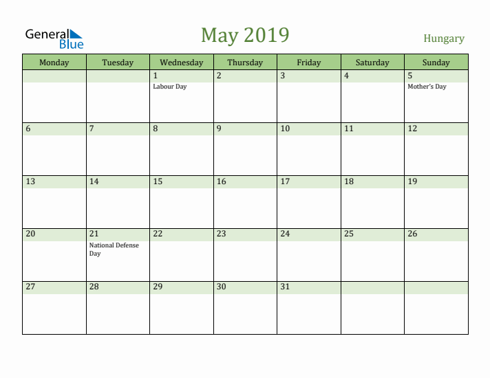 May 2019 Calendar with Hungary Holidays