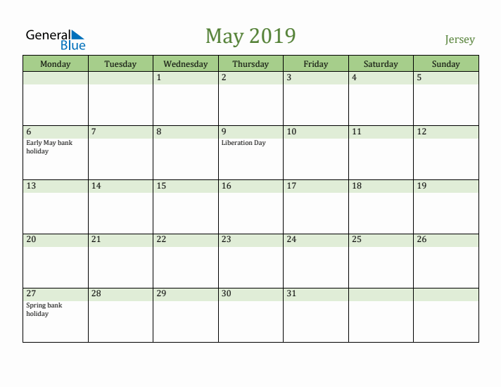 May 2019 Calendar with Jersey Holidays