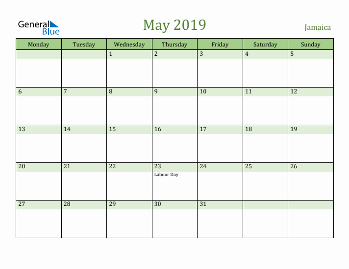 May 2019 Calendar with Jamaica Holidays