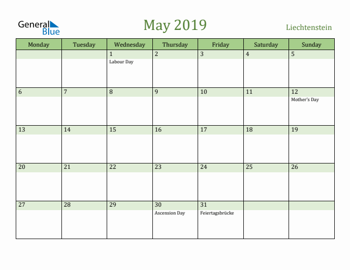 May 2019 Calendar with Liechtenstein Holidays