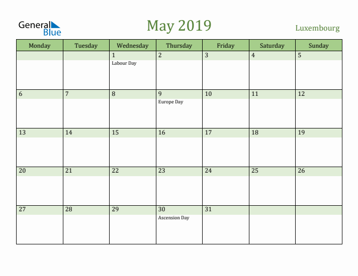 May 2019 Calendar with Luxembourg Holidays