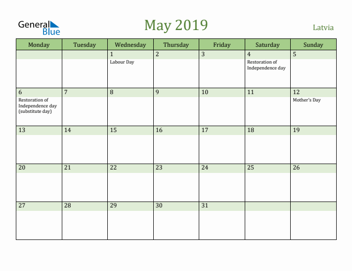 May 2019 Calendar with Latvia Holidays