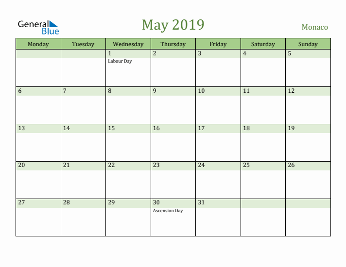 May 2019 Calendar with Monaco Holidays