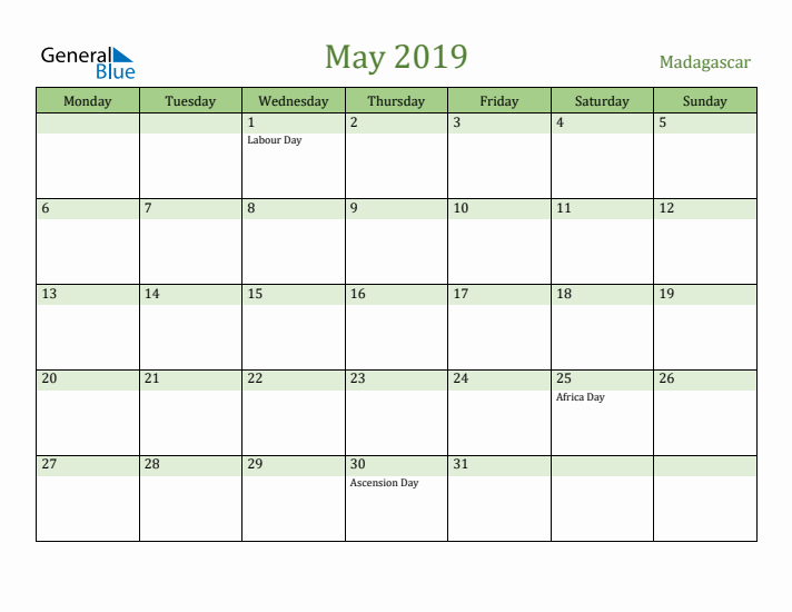 May 2019 Calendar with Madagascar Holidays