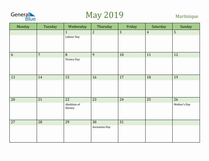 May 2019 Calendar with Martinique Holidays