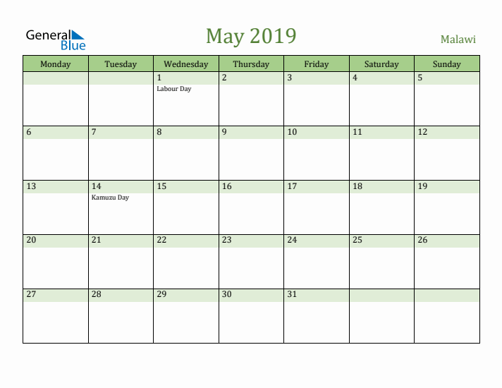 May 2019 Calendar with Malawi Holidays