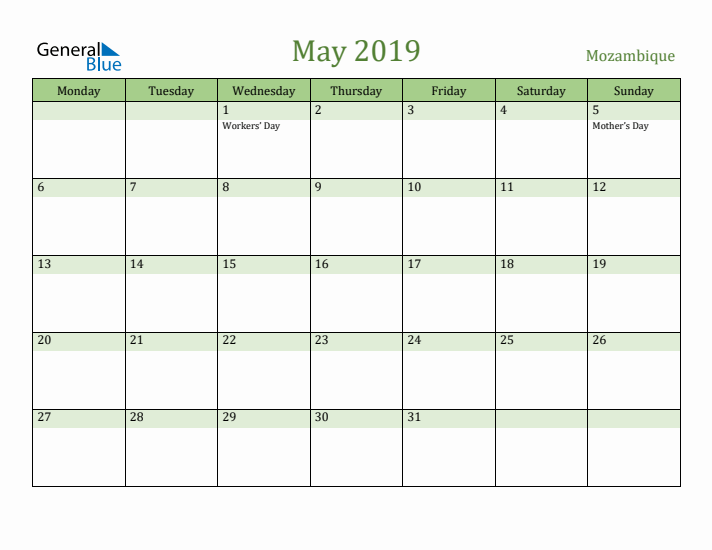 May 2019 Calendar with Mozambique Holidays