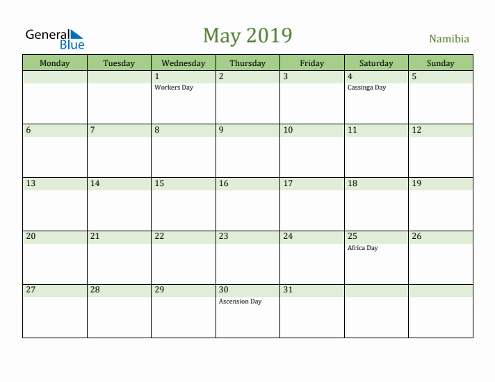 May 2019 Calendar with Namibia Holidays