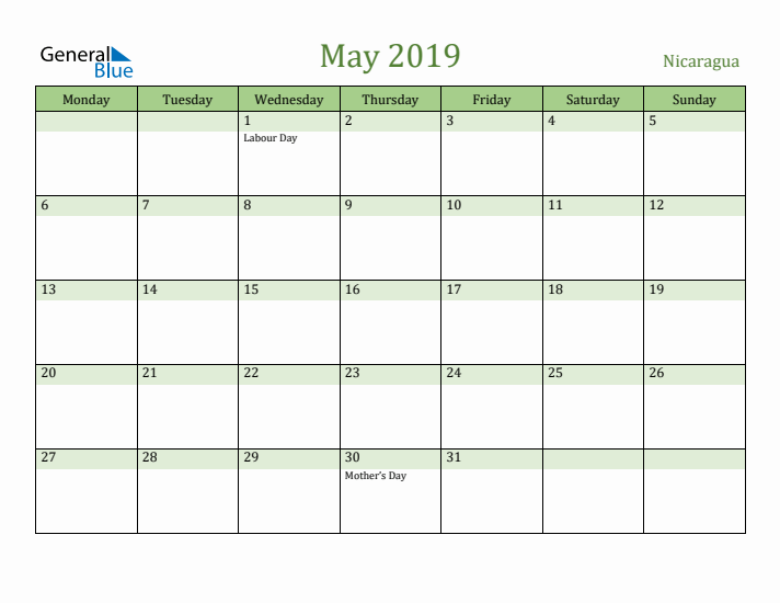 May 2019 Calendar with Nicaragua Holidays