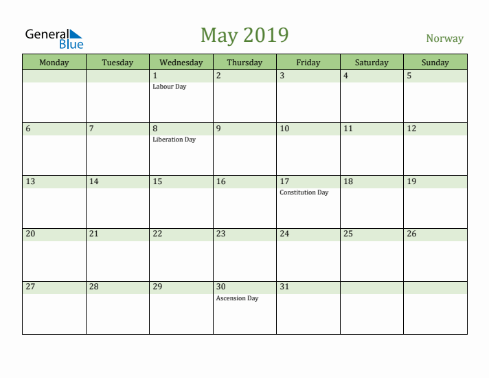 May 2019 Calendar with Norway Holidays