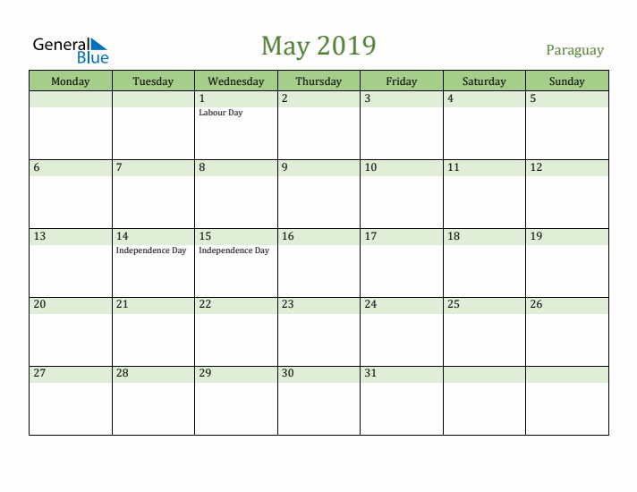 May 2019 Calendar with Paraguay Holidays